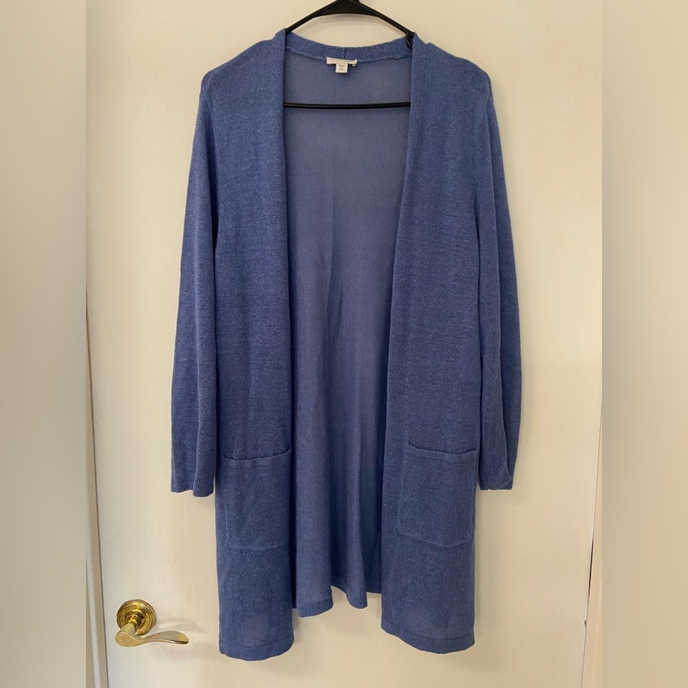 J Jill Open Front Cardigan Sweater Periwinkle Duster Long Linen Blend Petite L